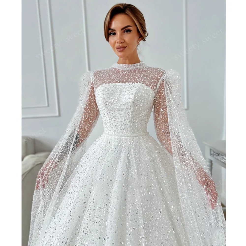 Luxurious Wedding Dresses Fully Beaded A-Line Ball Gown High-Neck Full Sleeve Customized Bridal Gowns Vestido De Novia Button Shawl