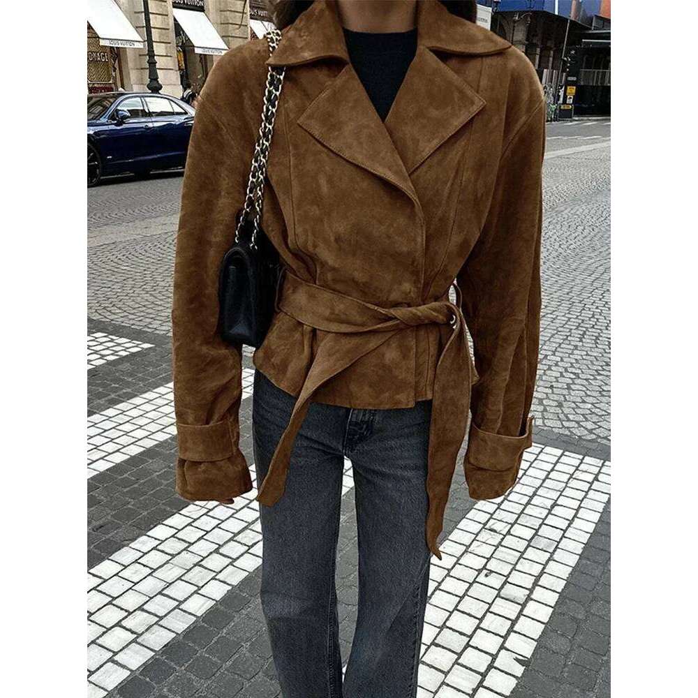 Retro Brown Lace Up Shorts Suede Jacket Elegant Female Lapel Long Sleeves Slim Coats Autumn Chic Lady High Street Outwear