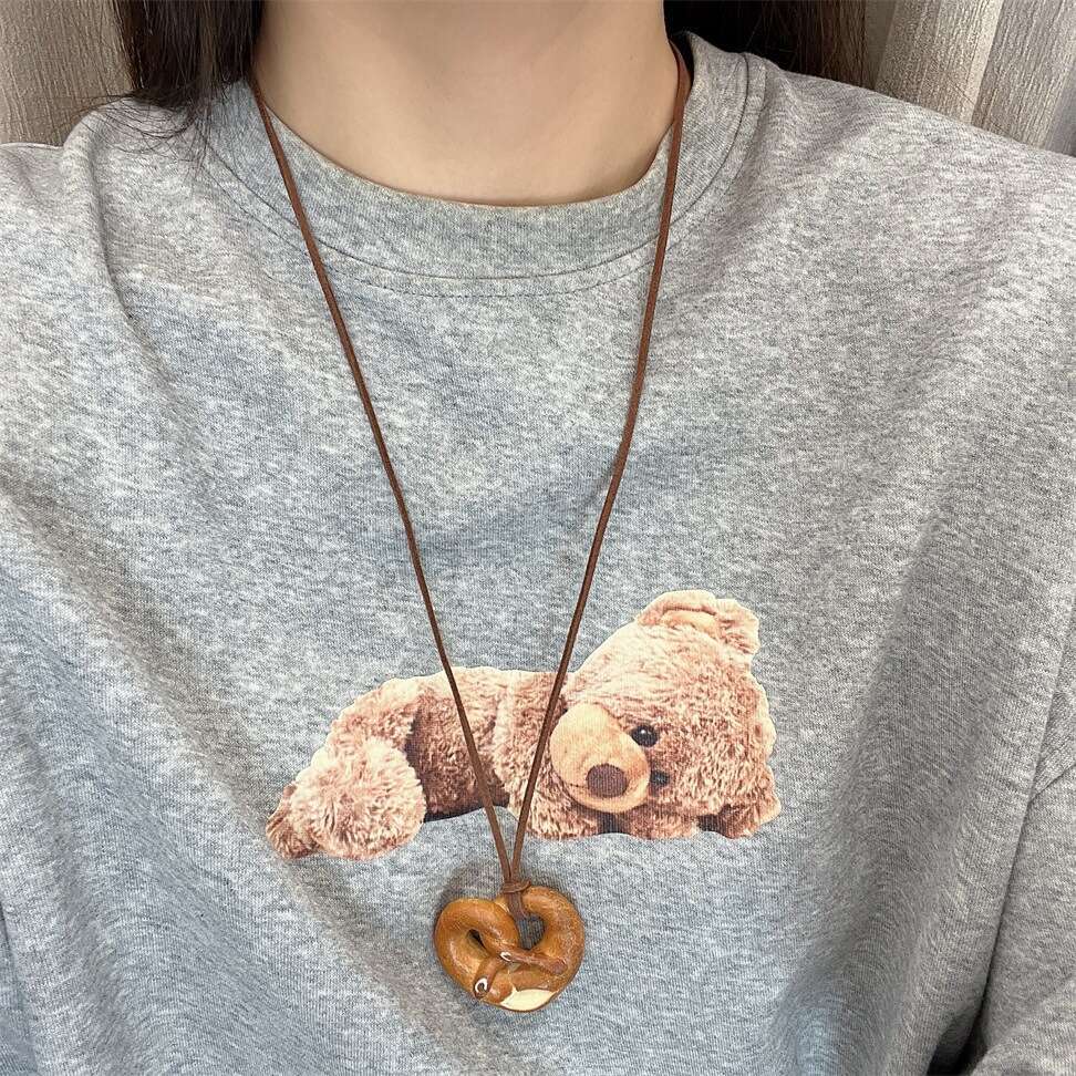 Handmade Bread Lye Knot Croissant Long Pendant Necklace for Women, Unique Sweater Chain Accessory 54c