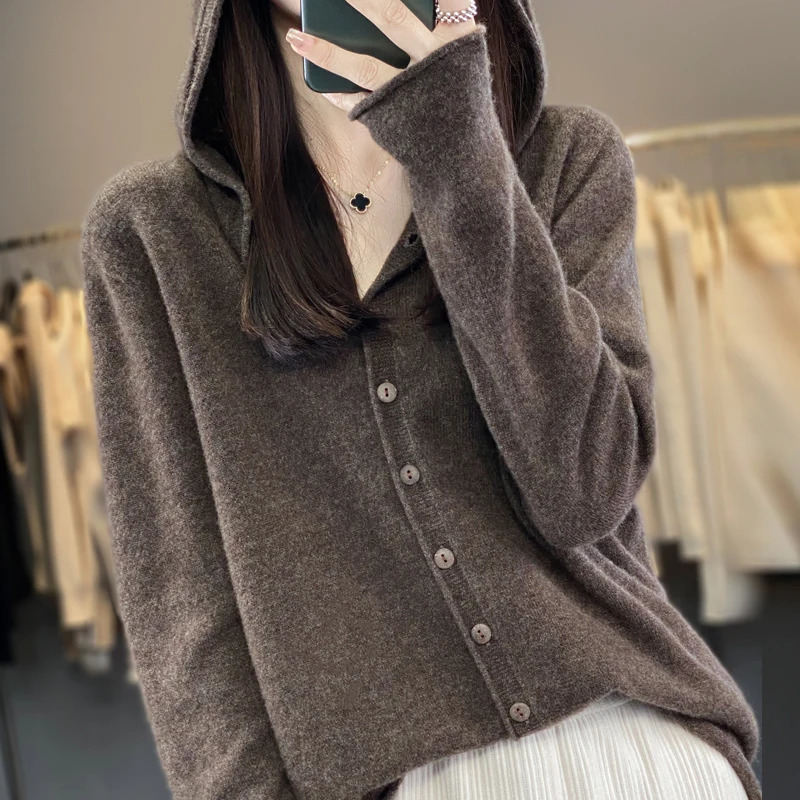 First Line 100% Merino Wool Knitted Cardigan Womens Autumn And Winter Hoodie Loose Sweater Fashionable Versatile Coat Top YC014 250730