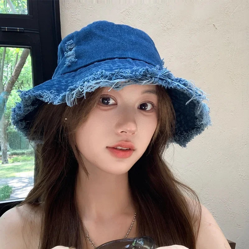 Fashion Sunscreen Hat Solid Color Fur Denim Fisherman Hat Denim Style Men Women Bucket Hat Fringed Edge Summer Vintage Bob Hat 250724
