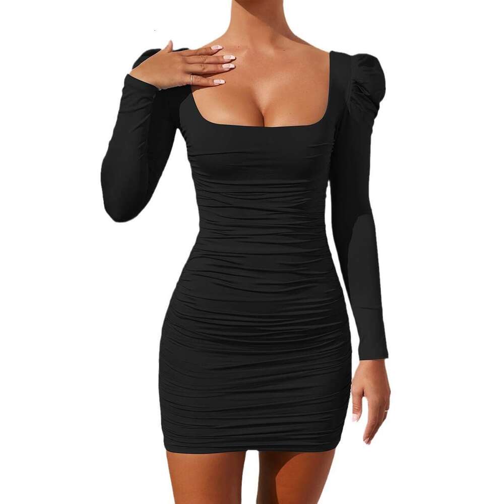 Autumn Winter New Women's Bodycon Sexy Backless Puff Shoulder Long Sleeve Dress B5