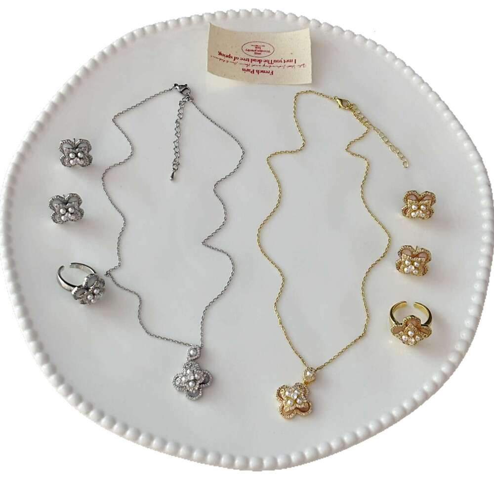 Light Versatile Mother-of-Pearl Fragmented Dia Pearl Four-Leaf Clover Flower Necklace Earrings Ring Forest Style Elegant Fashion Trendy Model 4b5