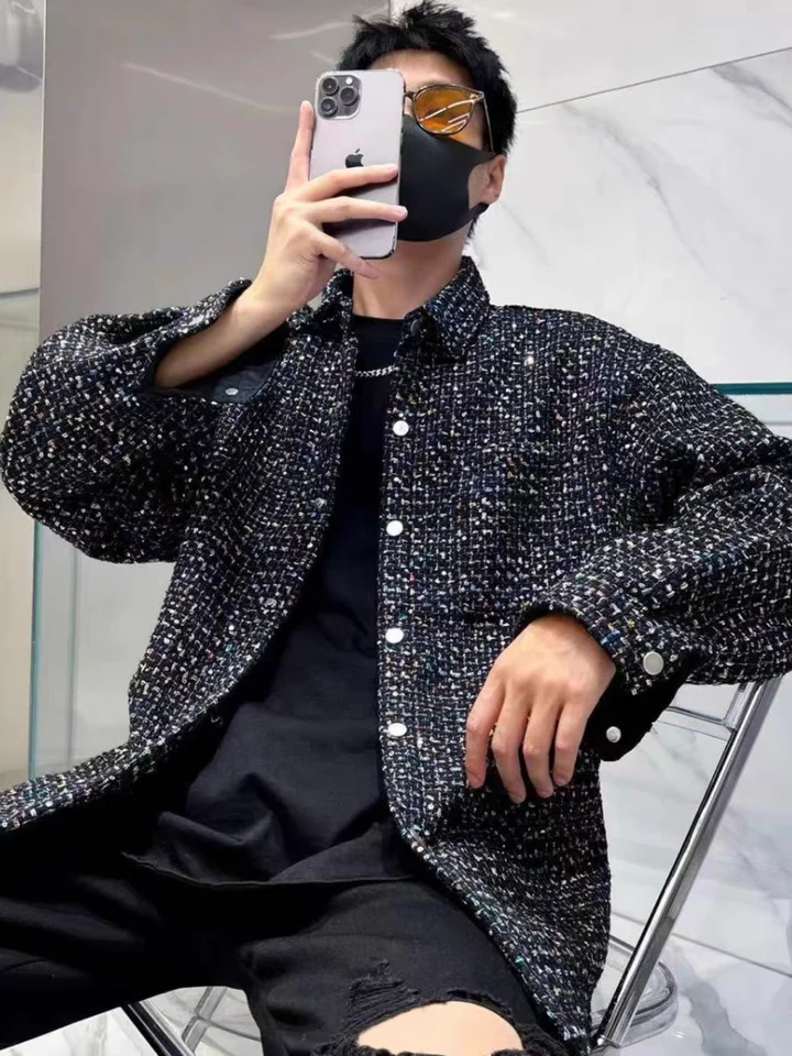 Autumn fragrance knitted Jacquard sequined shirt jacket mens trend handsome personality fashion lapel loose 250730