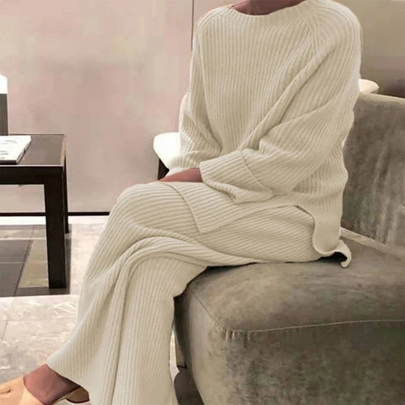 Knitted Sweater Suit Women Elegant Solid ONeck PulloversWide Leg Pants Lady Autumn Winter Soft 2Piece Set Homewear 250729