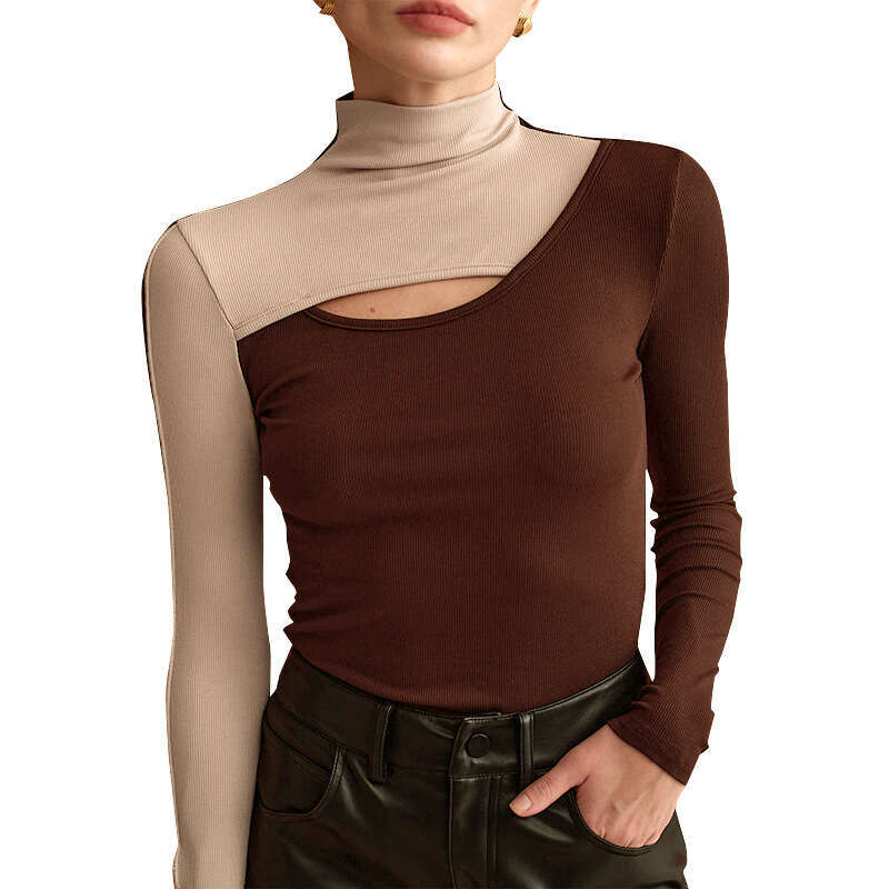 Ytp641 Women's Autumn Winter Color-Block Half Turtleneck Hollow Out Stylish Waist-Cinching Base Shirt T-Shirt B5