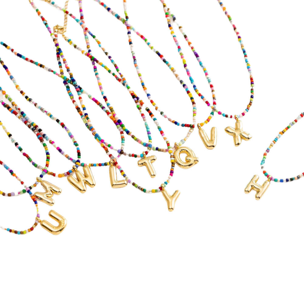 Vacuum Gold Plated Stainless Steel Colorful Rice Beads 26 Necklace Bubble Letter Pendant