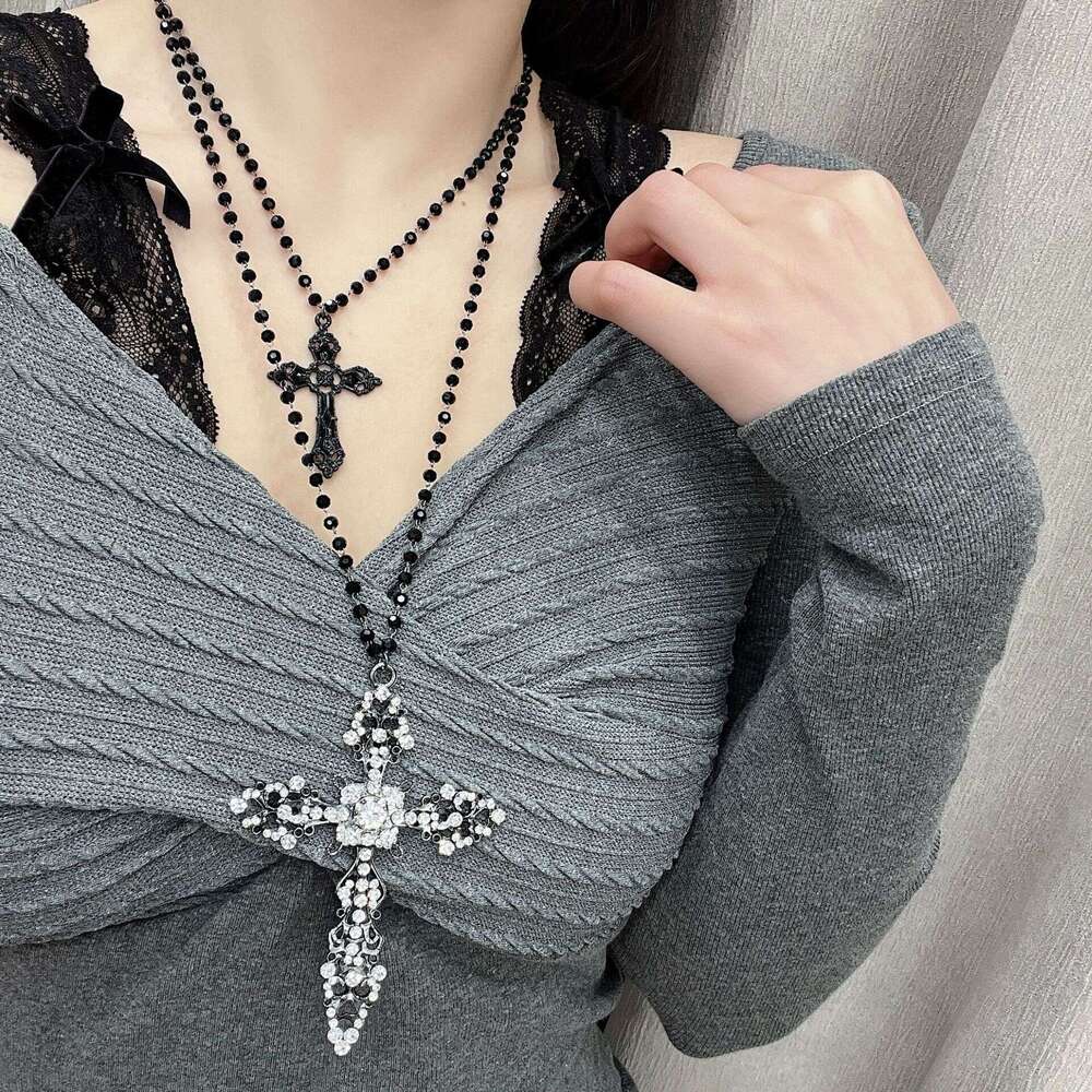 TikTok Black Beaded Double Layer Gothic Style Full Zircon Cross Necklace Spring 2025 a77