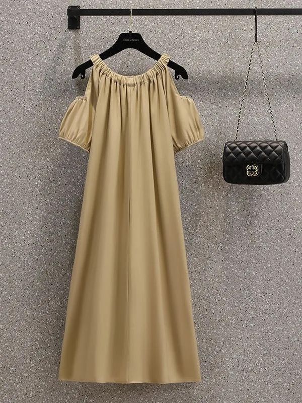 L31803 Korean loose off-the-shoulder dress with elegant style to cover belly French sweet mid-length skirt
