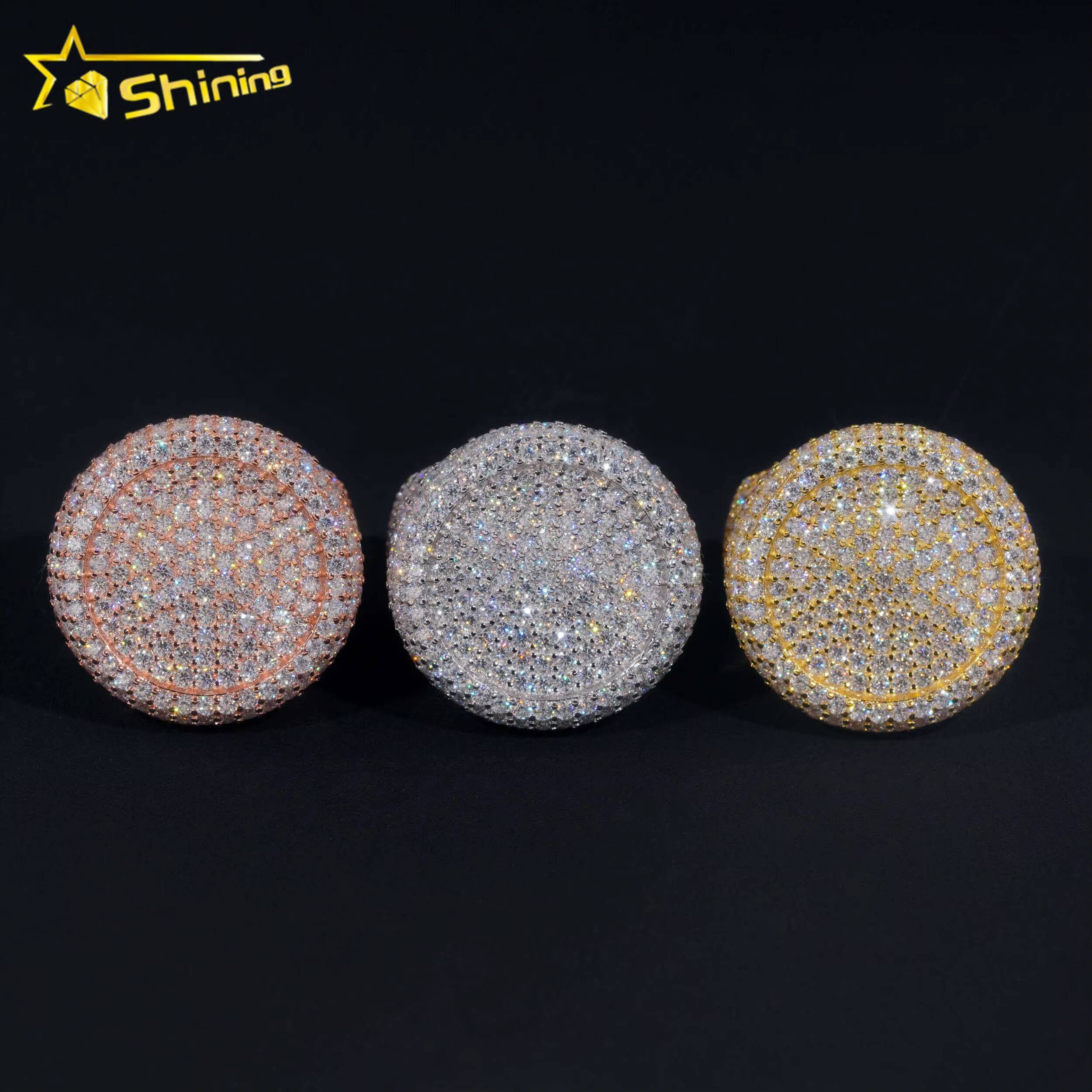 Stock Pass Diamond Tester Hip Hop Jewelry 925 Silver Fully Iced Bubble Edge Round Diamond Moissanite Men Ring Pinky Ring