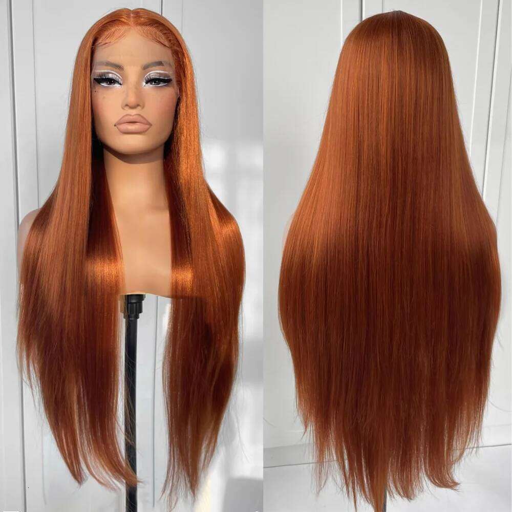 Ginger Orange Color Long Straight 13*4 Copper Red Human Hair Glueless Pre Plucked Synthetic Lace Front Wigs