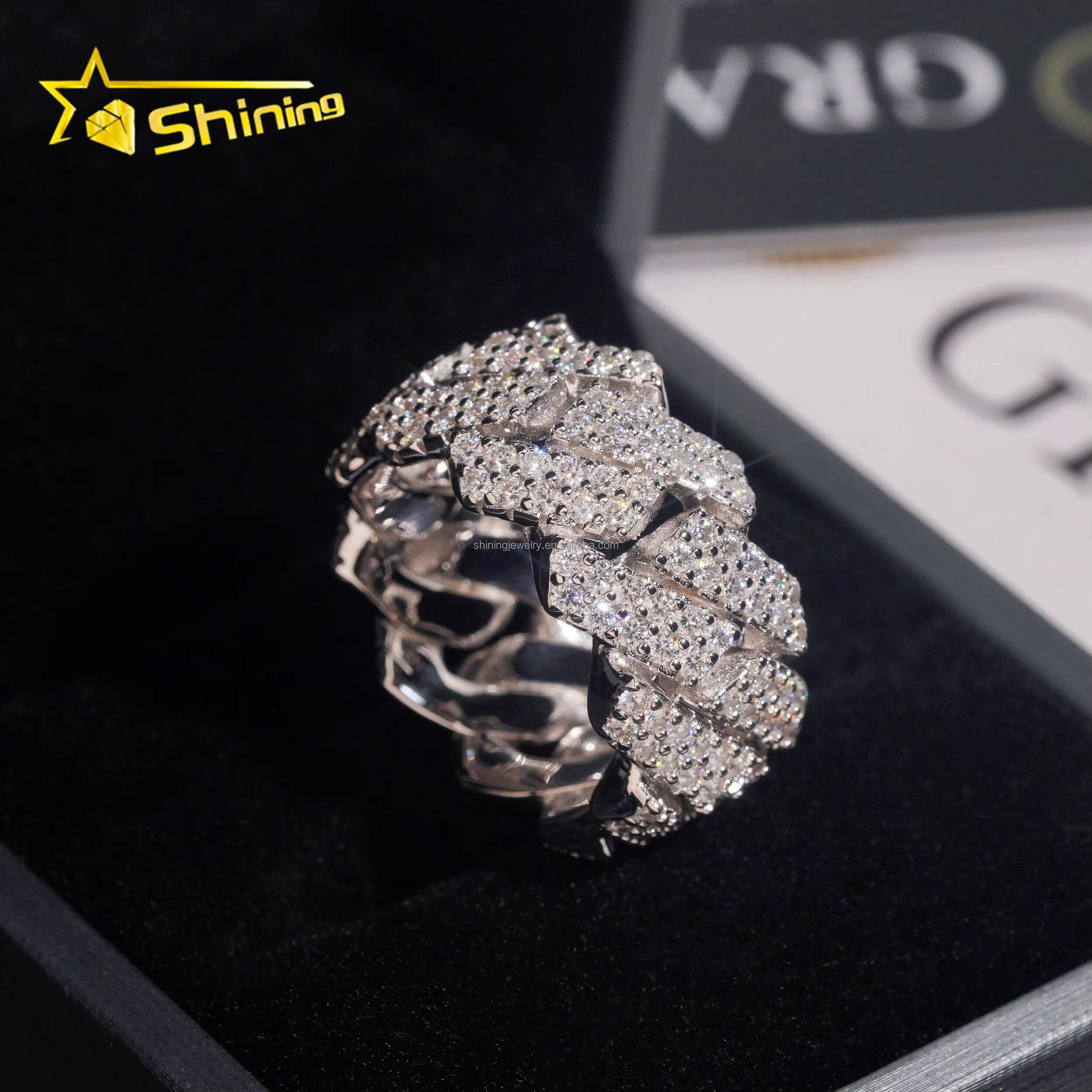 Hot Sale Iced Out Fine Man Jewelry Hip Hop 925 Silver Jewelry FL Moissanite Diamond Eternity Band Miami Cuban Ring Men