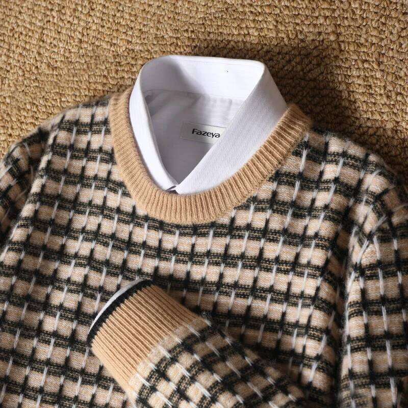 Autumn Winter Men 100% Merino Wool Soft Sweater O-Neck Stripe Grid Pullover Contrast Casual Knitting Jumper Thickened Loose Top MDNG