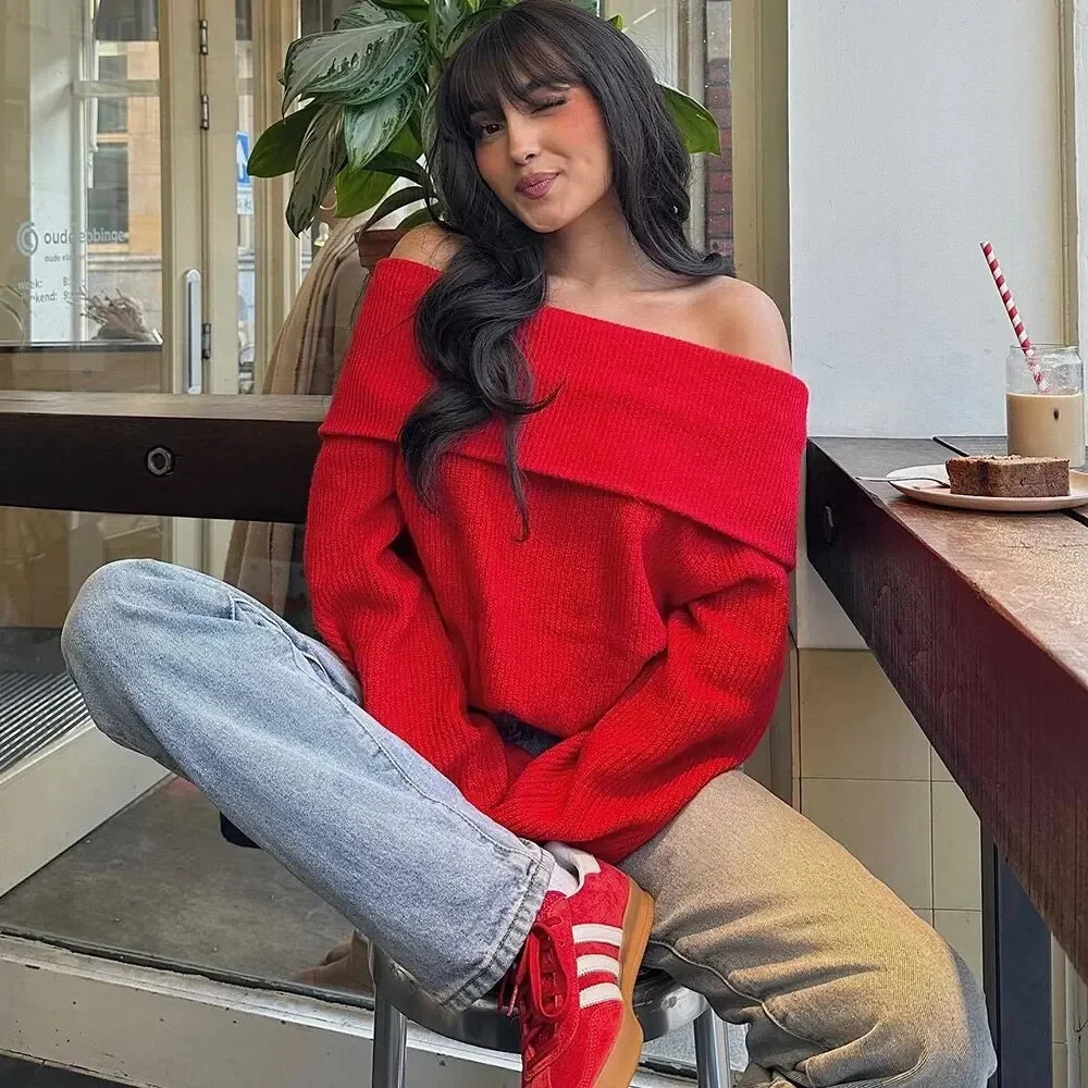 Womens Fashion Solid Off Shoulder Sweaters Casual Long Sleeve Folded Slim Fit Pullover Autumn Female Sexy Knitted Tops 250723