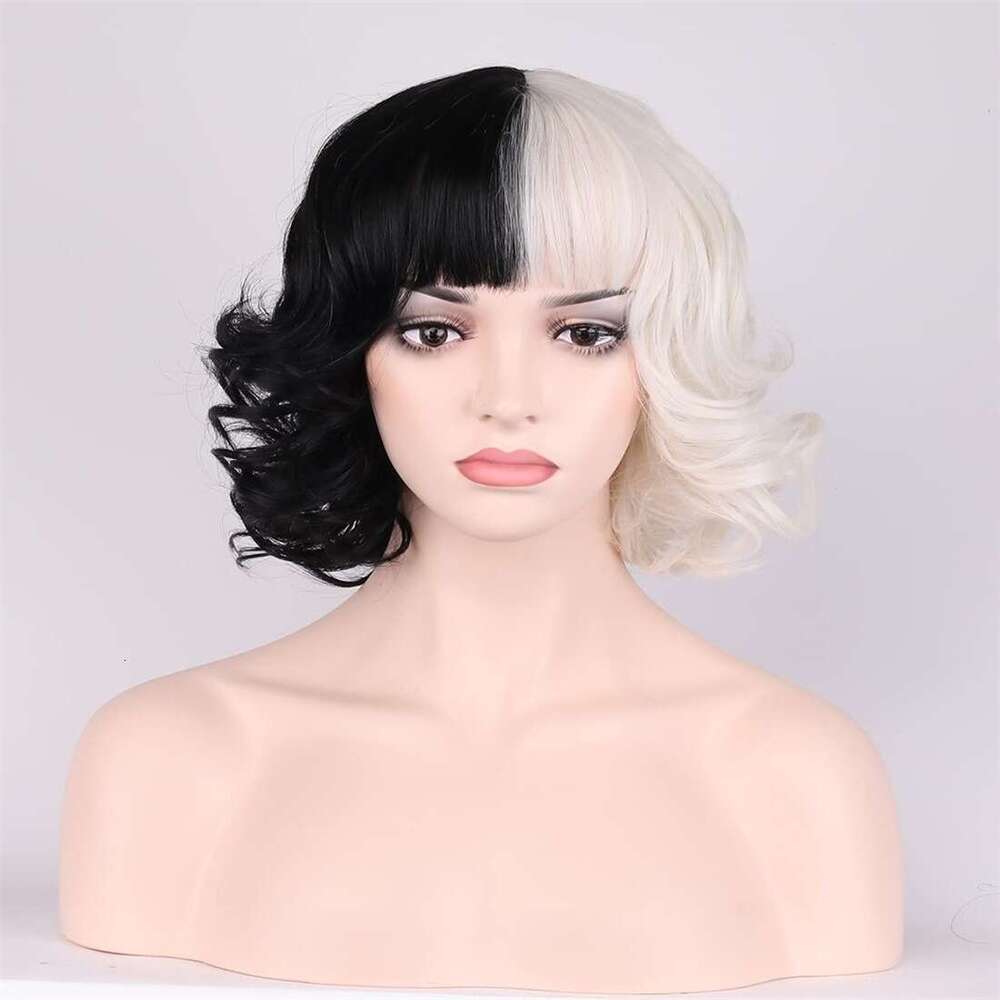 New Black and White Witch Cruella Cosplay Wig with Bangs Short Curly Hair Bulk B5