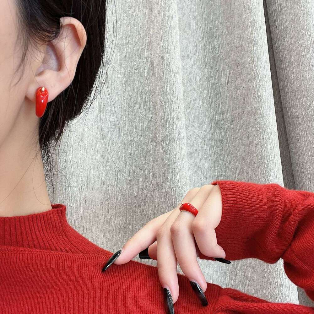 Anchor Red Drop Glaze Earrings for Women, Autumn and Winter Elegant High-end Sense Stud Earrings, Niche Design Hoop Rings f89