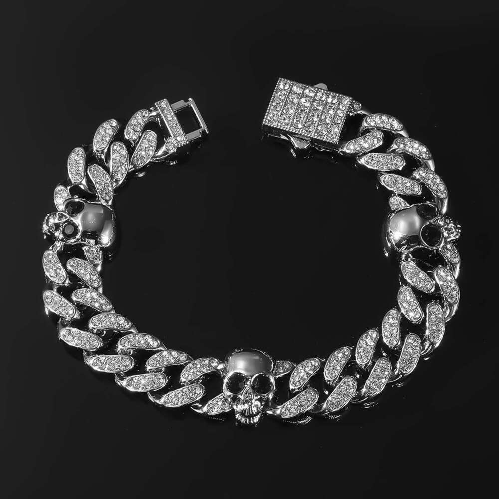 Hip-Hop Exaggerated Personality Full Dia Alloy Skull Cuban Chain Fashion Trendy Decorative Necklace