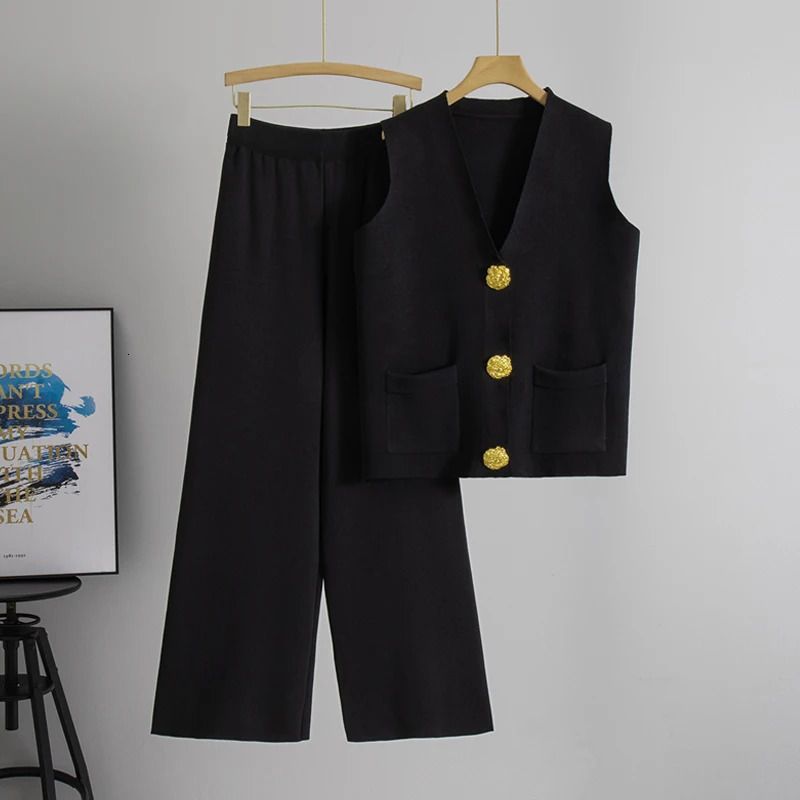 Casual Knit 2 Pieces Suit Women Vneck Sleeveless Single Breasted Slim Tank Wide leg Pants Female Set Spring Summer 250730