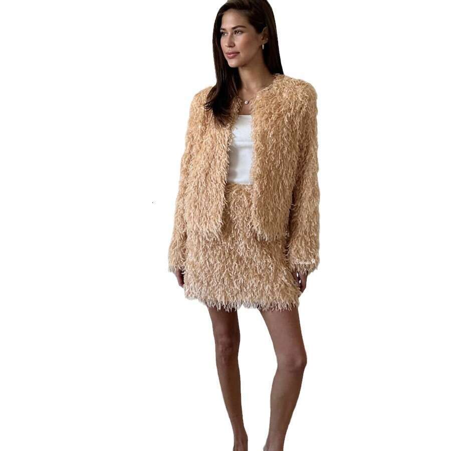 Autumn Winter Tassel Coat Set For Women Elegant Short Top + Skirt New Year B5