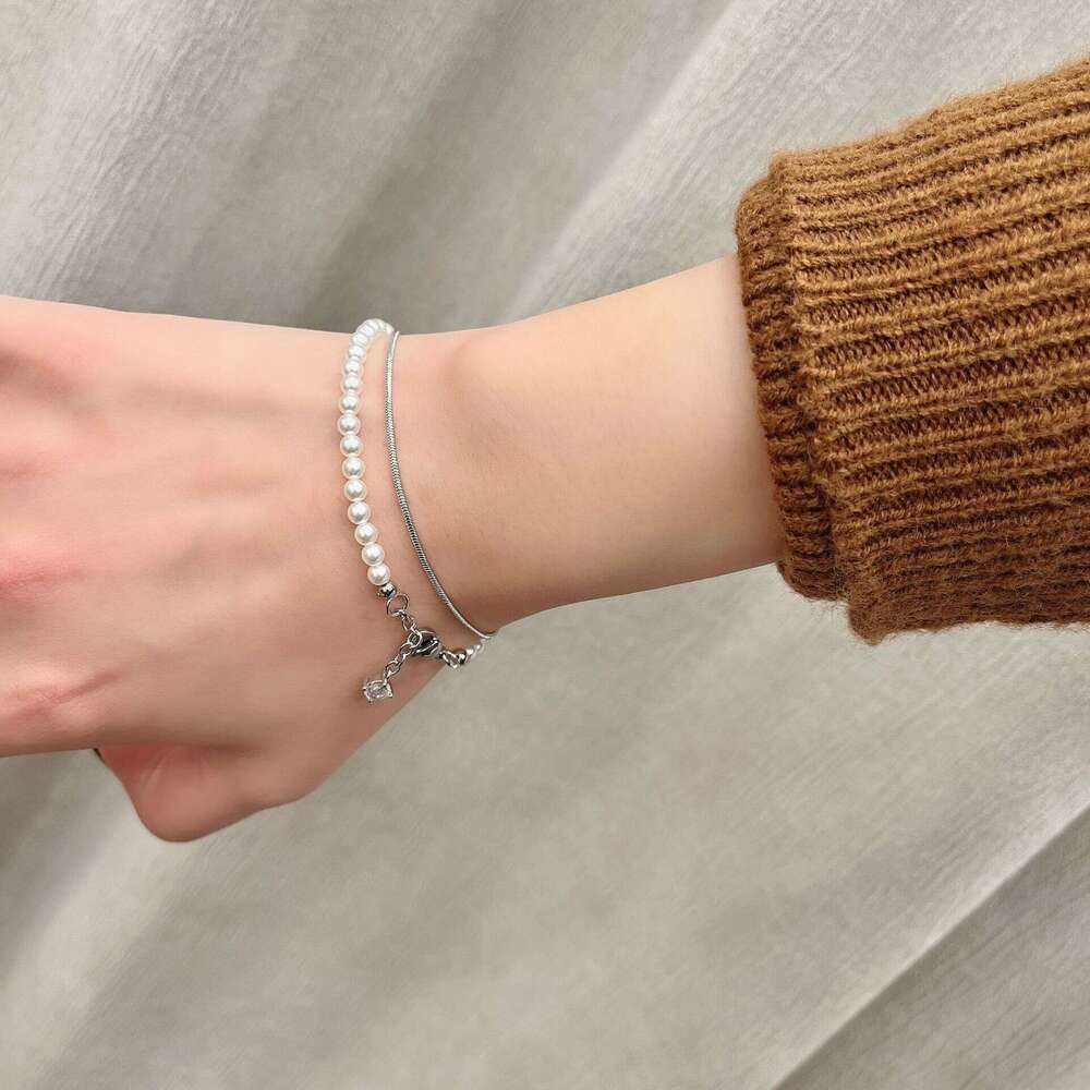 Exquisite Gold Sier Square Snake Bone Round Chain Zircon Pendant Pearl Bubble High-end Sense Wrapped Bracelet f15