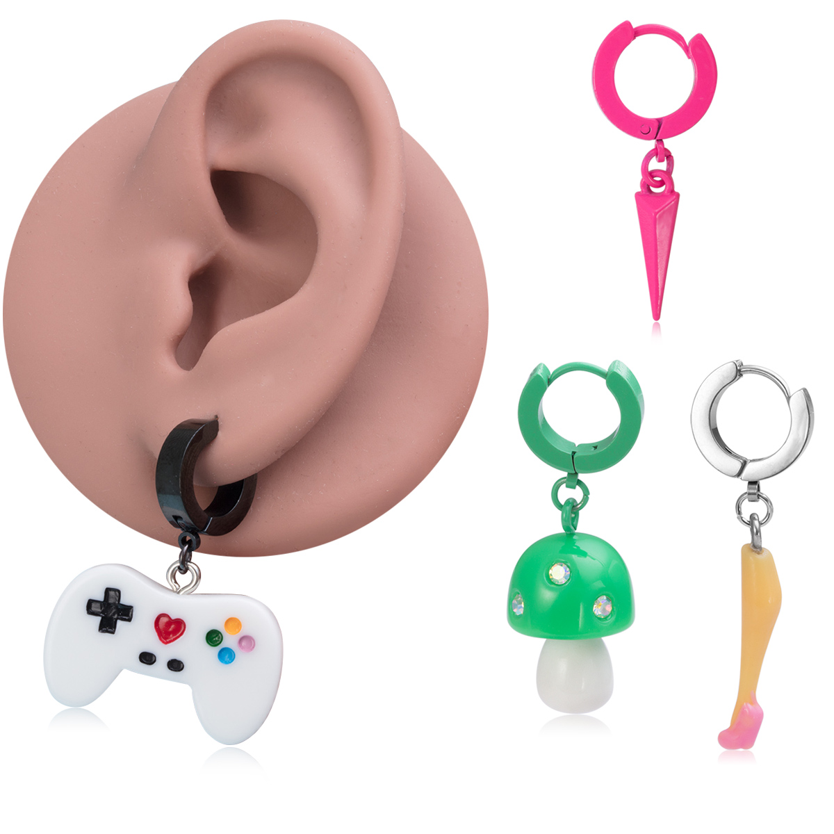 Stainless steel exaggerated personality ear bone nail pointed cone earrings mushroom game controller earrings human puncture jewelry wholesale