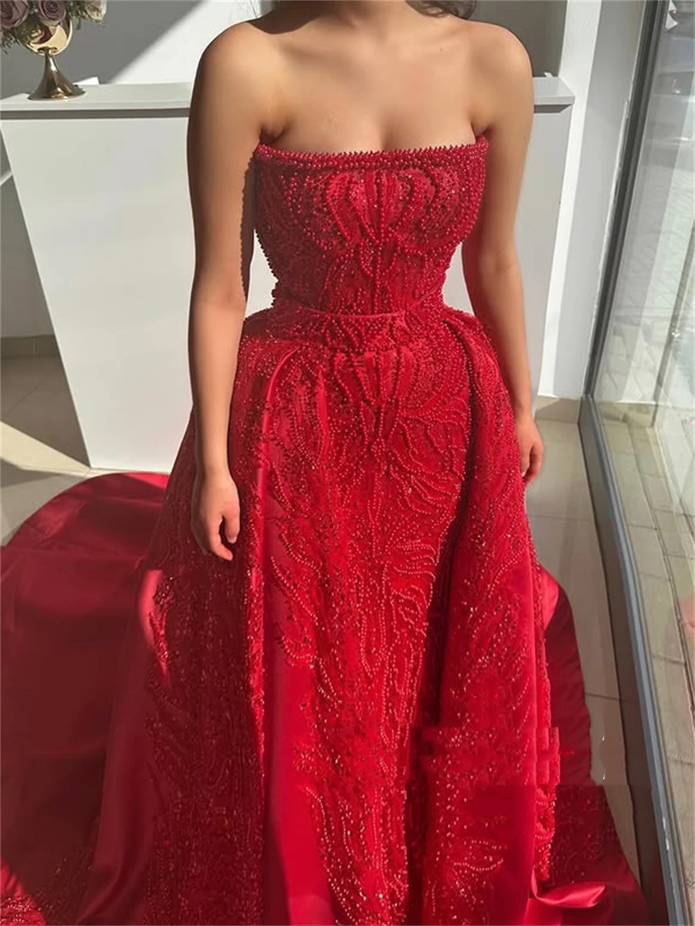 Classic Evening Dresses For Women Strapless Sleeveless Gown Beaded Sequins Detachable Train Dress Party Customized Dress