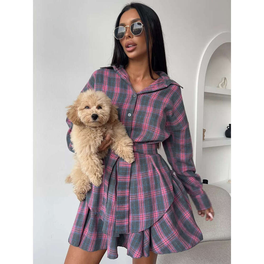 New Fashion Casual Plaid For Women, Turn-Down Collar Loose Shirt With Belted Waist And Half Skirt Two-Piece Set B5
