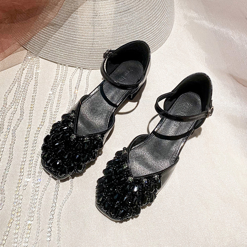 Summer New Women's High Heels Thick Heels Middle Heels French Water Diamond Hollow Sandals Women's Single Shoes New Fairy Style Designer Hig