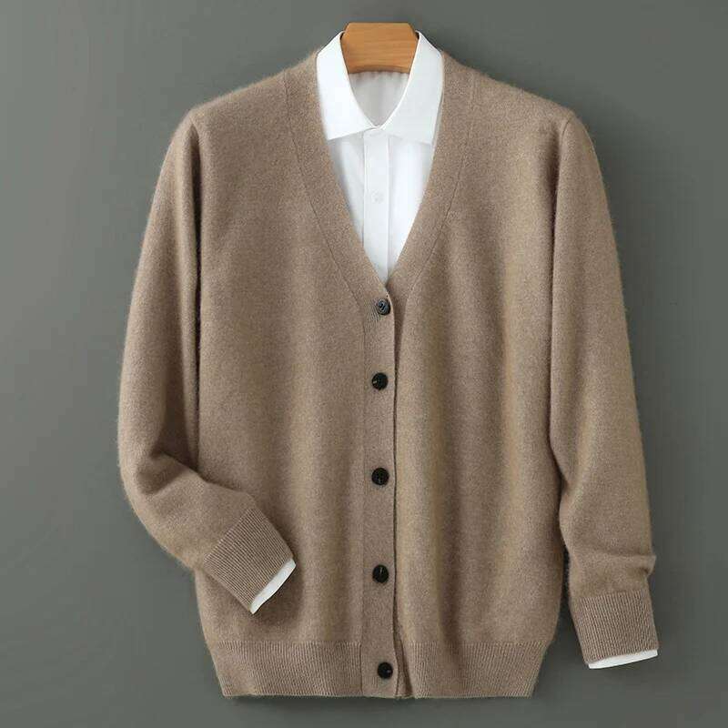 Autumn Winter New 100% Mink Cashmere Cardigan Men's V-Neck Tops Knitted Sweater Loose Large Long Sleeved Shirt Thickening Jacket MDNG
