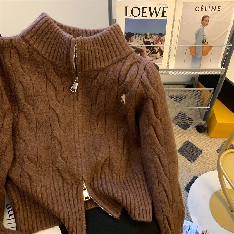 Korean-style short retro cable knit stand collar sweater coat for women collegiate autumn and winter embroidered knit cardigan top