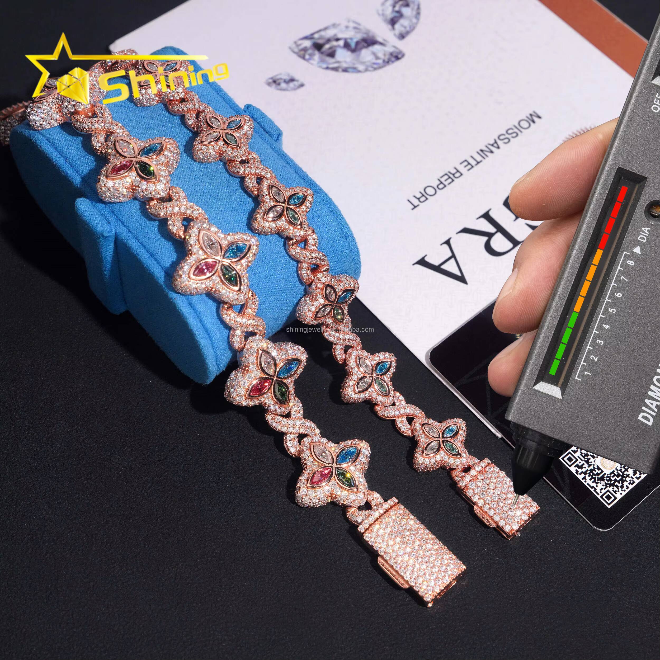 Unique Design Rapper Luxury Jewelry Hot Selling Hip Hop Mulit Color Moissanite Iced Out S925 Silver Cuban Clover Bracelet Men