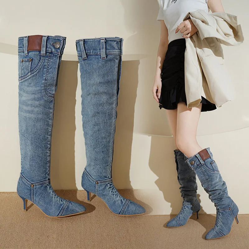 autumn denim Boots Outdoor non slip high heels Sharp pointed retro long boot Casual comfortable womens shoes Botas Zapatos 250729