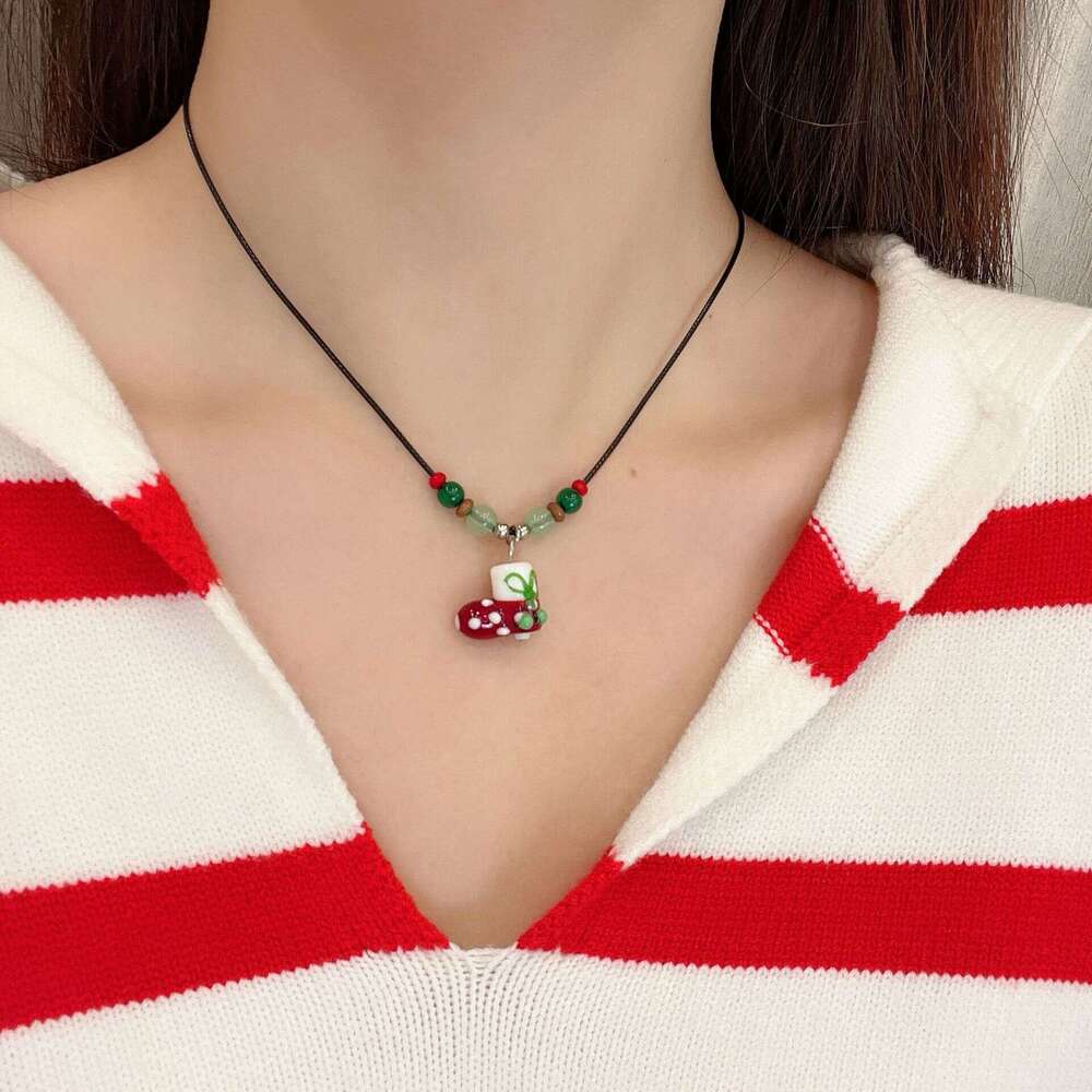 Colorful Beaded Christmas Tree Gingerbread Man Necklace for Women Cartoon Cute Sweet Collarbone Chain Fashionable Personality Sweater Accessory 60b