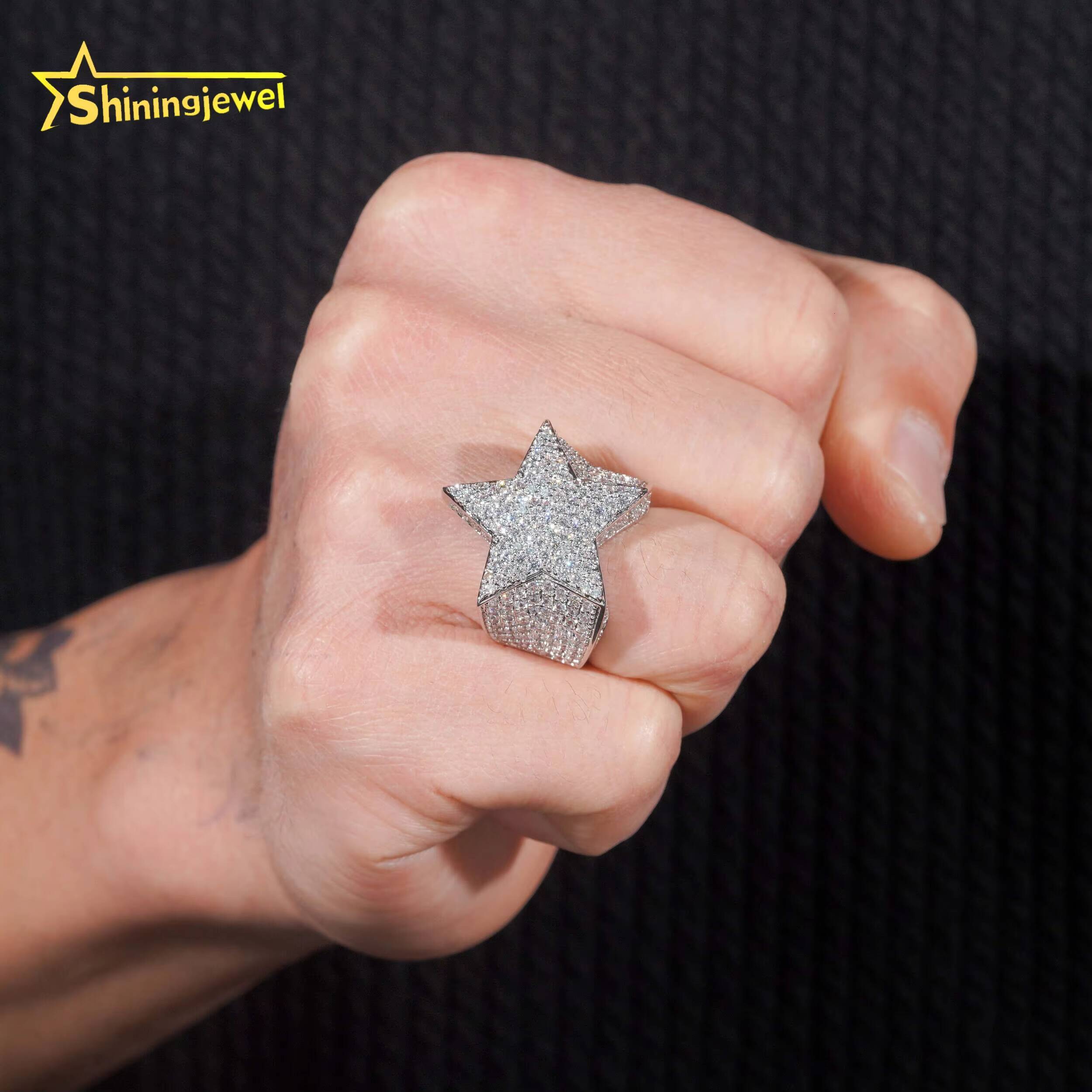 Pass Diamond Tester Rapper Hip Hop Jewelry Solid 925 Sterling Silver Iced Out Diamond Moissanite Ring Star Rings