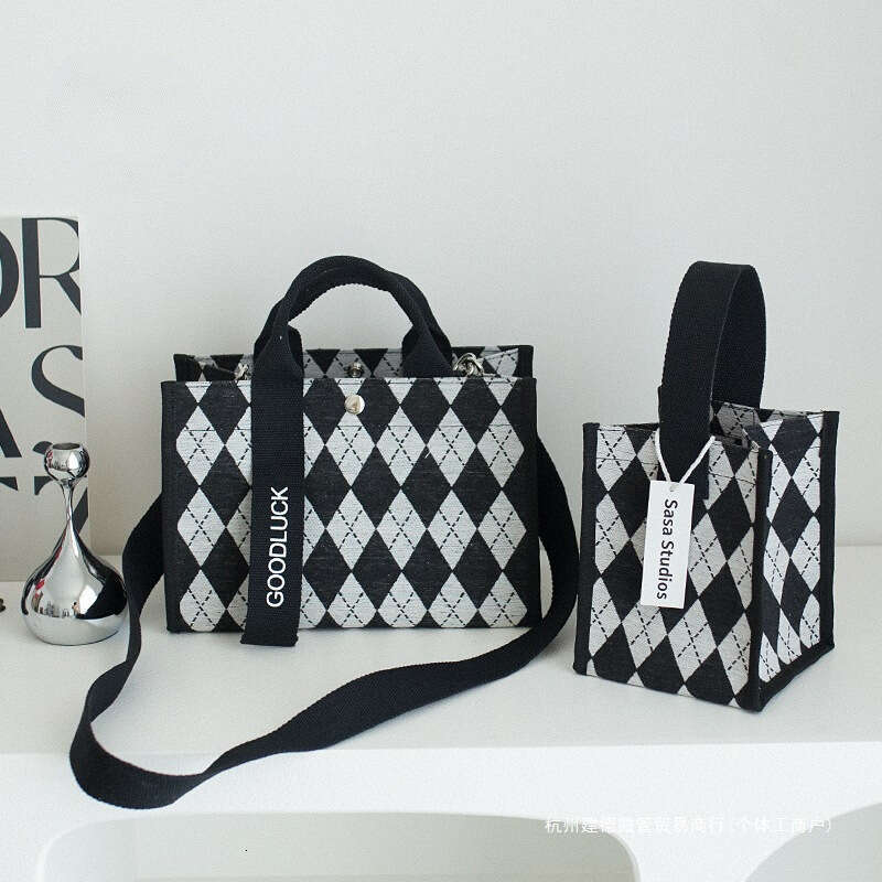 New Houndstooth Pattern Handheld Canvas Fashion Striped Waterproof Versatile Large Capacity Single Tote Women's Bag