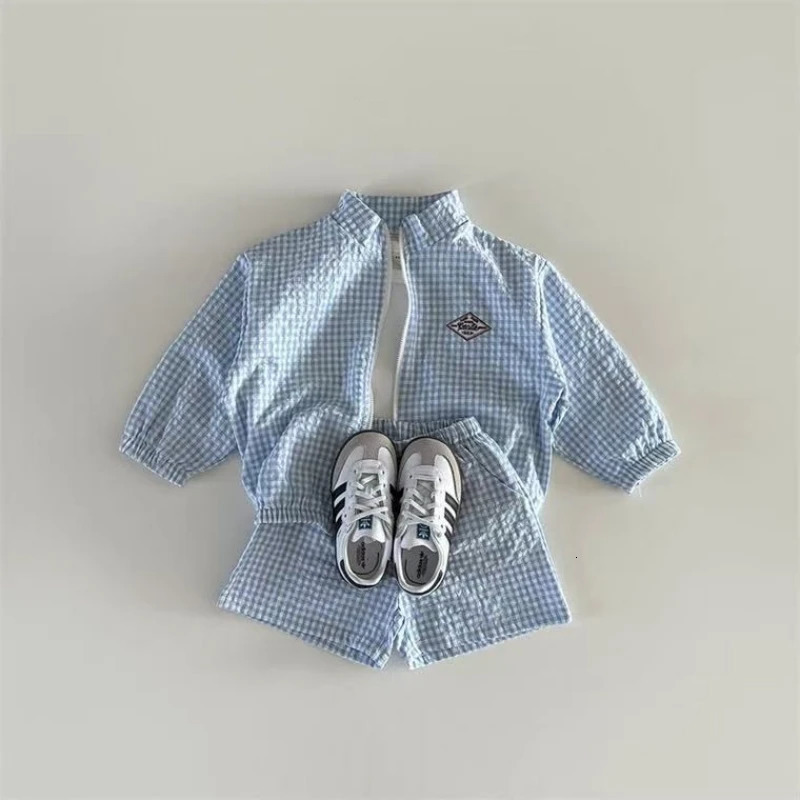 TZ2624 Summer Plaid Stand Collar Jacket And Shorts Set for Kids Thin Zipper Sun Protection Clothing Trendy Two-Piece Outfit 250729