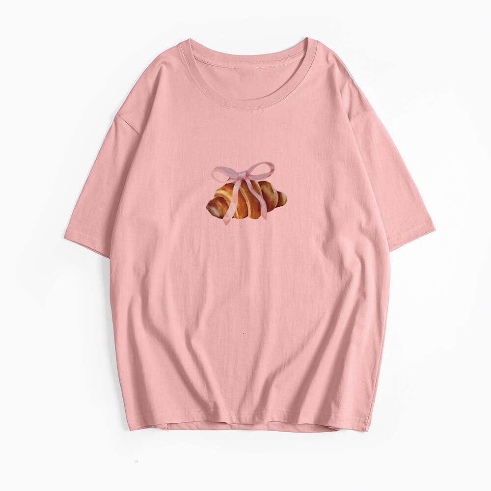 Simple Bowknot Print T-Shirt For Women Summer Versatile Loose Round Neck Pure Cotton Short Sleeve B5 h6