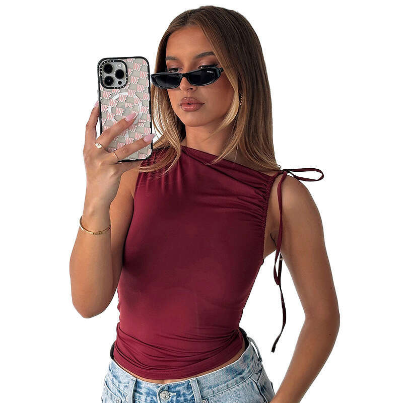 Ytp636 Wind Women's Clothing Autumn Winter Asymmetrical Drawstring Sleeveless Ruched Crop Top T-Shirt B5
