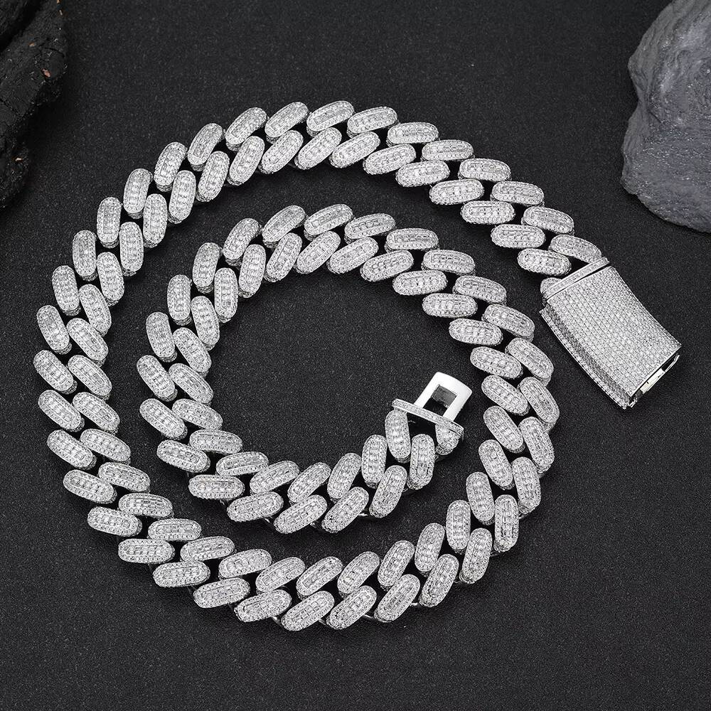 Nuoya Custom Cuban Link Chain Necklace for Men 18mm Iced Baguette Diamond Hiphop Style Gold Plated Cuban Chain Rappers Jewelry