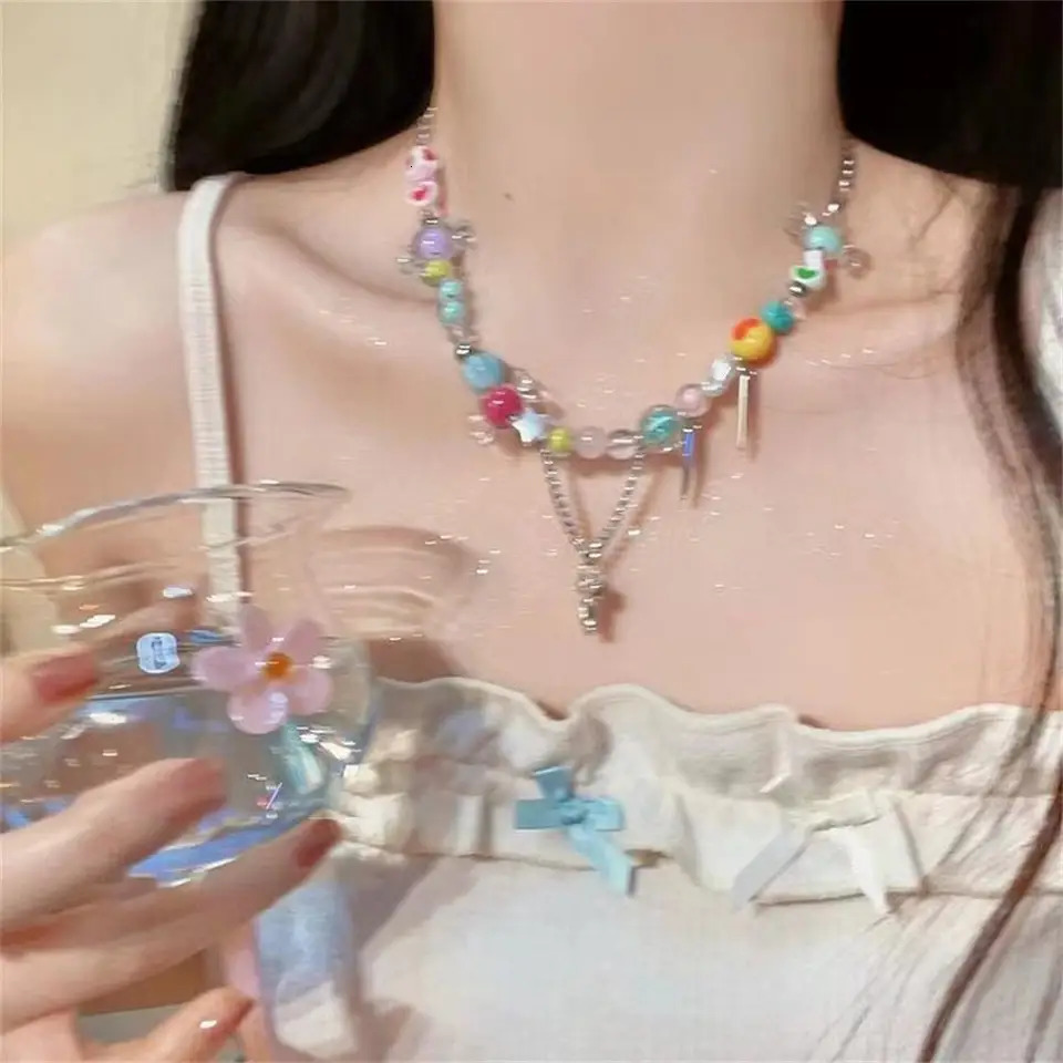 Y2k Rainbow Candy Beaded Choker Necklace Women Boho Beads Cherry Pendant Necklaces Vintage Irregular Girl Necklace Jewelry Gifts 250729