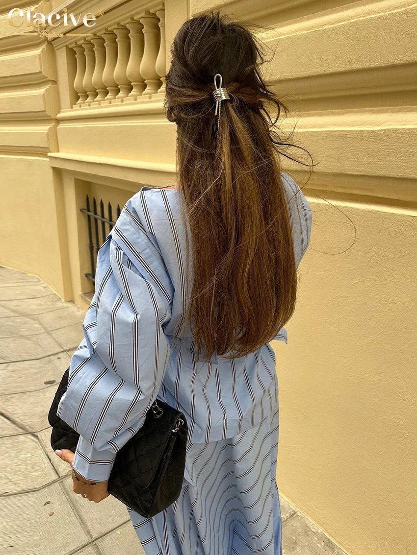 Clacive Fashion Loose Stripe Print 2 Piece Sets Women Outfit Elegant Long Sleeve Shirt With High Waist Ankle Length Skirt Set 250730