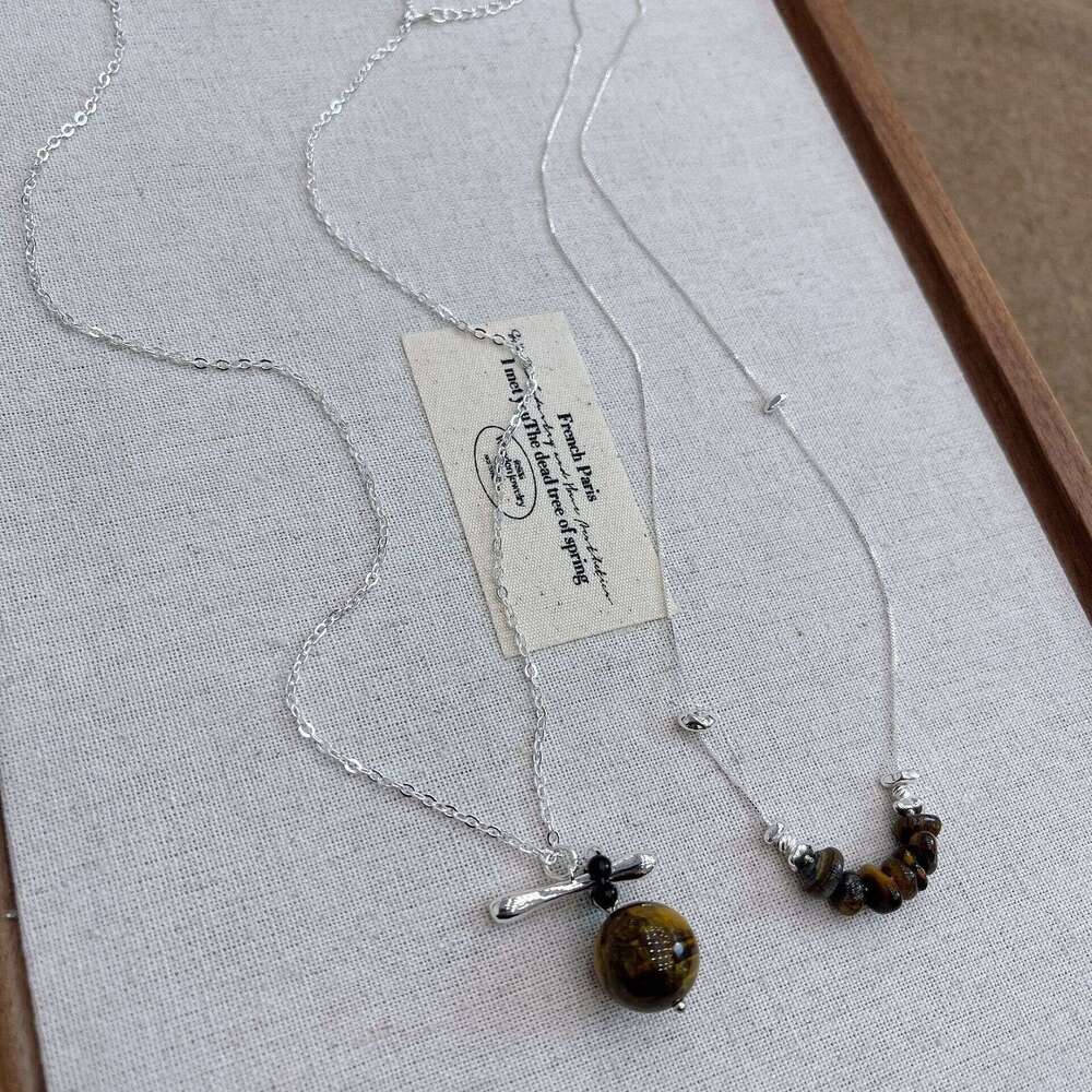 Natural Round Tiger Eye Stone Necklace Melad Elegant Long Sweater Chain for Women Niche Fashionable High-end Simple Accessories e4a