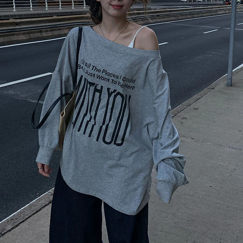 Women Clothing Trendy Sexy Off Shoulder Letter Print Basic T-shirt Y2K Harajuku Oversized Streetwear Tees Long Sleeve Tunic Tops 250725