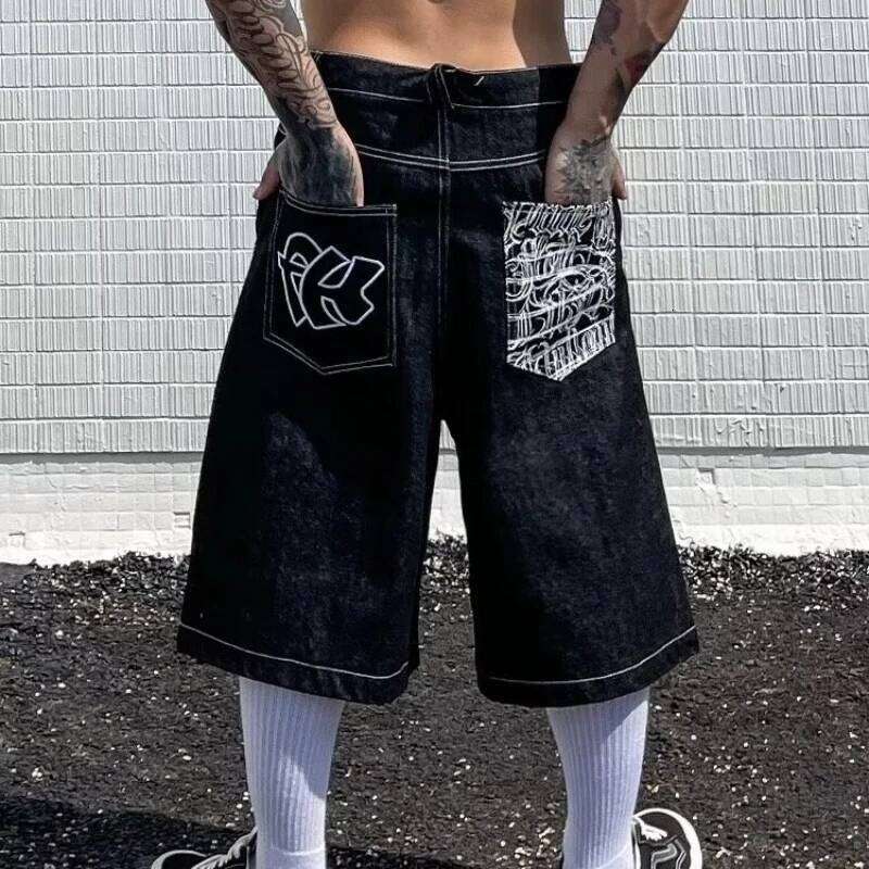 Retro Embroidered Denim Trousers Men's Straight Niche Design Draped High Street Loose Wide-leg Shorts Baggy Short for Man Jort