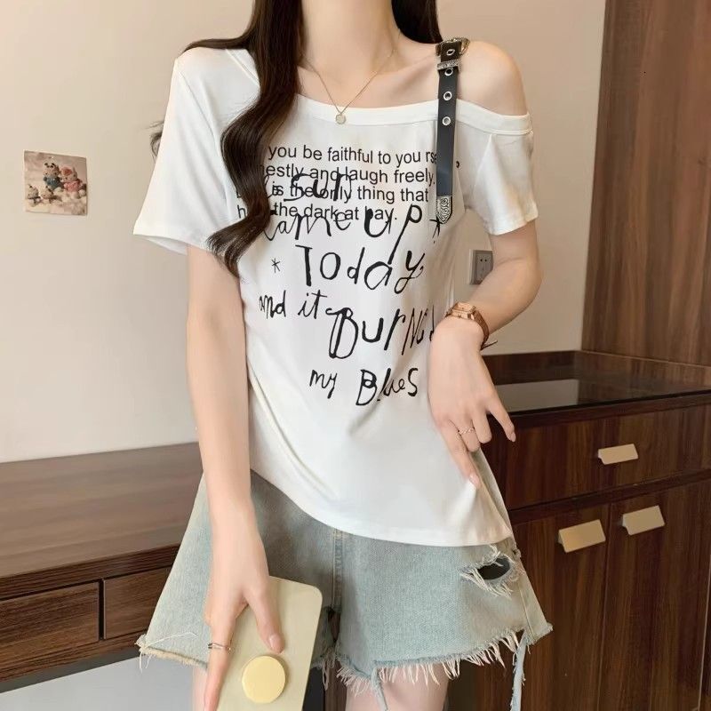 2025 American Printed Shoulder Strap Short Sleeve T-shirt Summer New Style Ruffle Waist Irregular Short Top New Designer T-shirt
