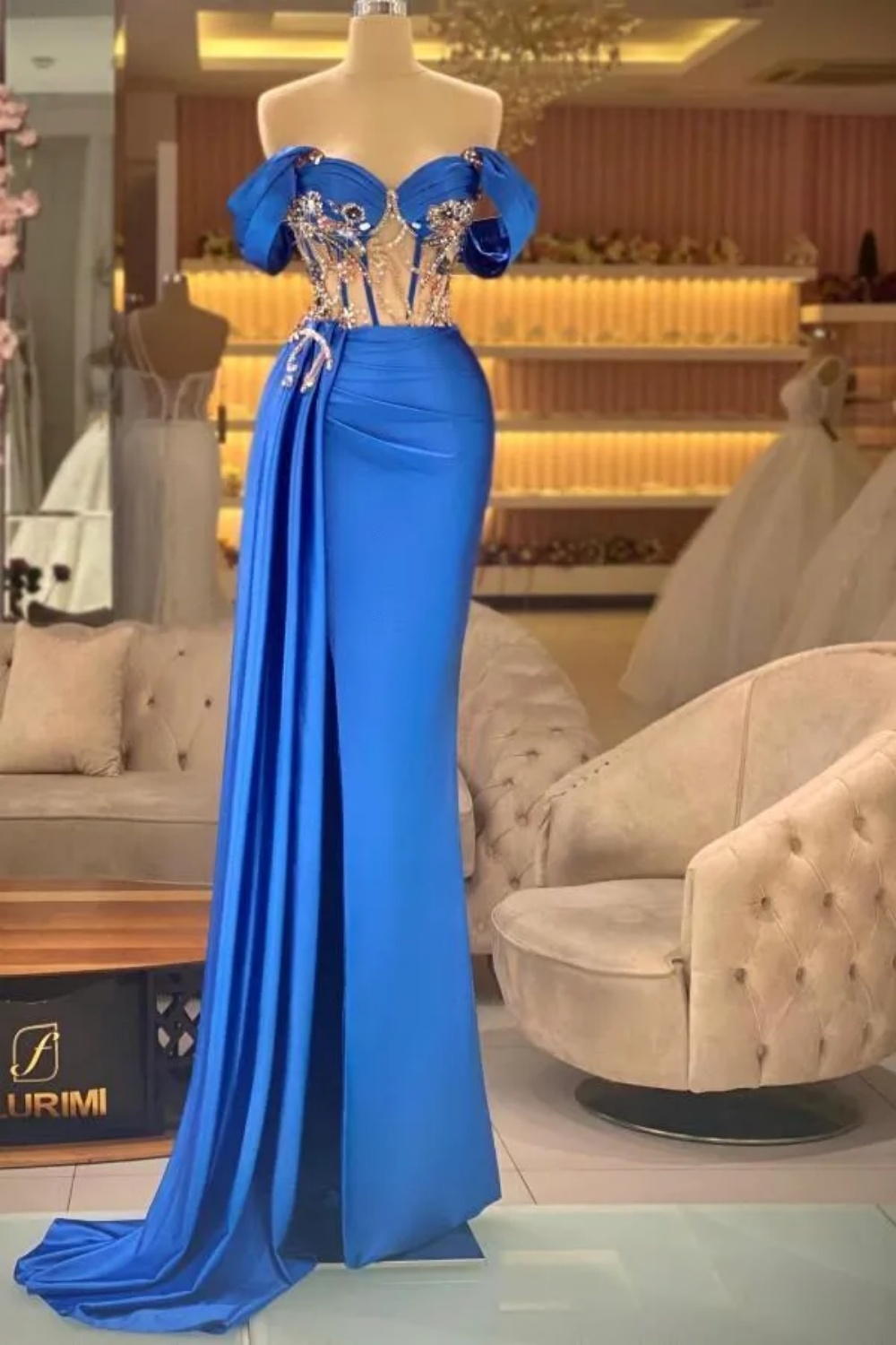 Vintage Beaded Applique Evening Dresses Customized Sexy Off The Shoulder Prom Dress Side Train High Split Party Gown