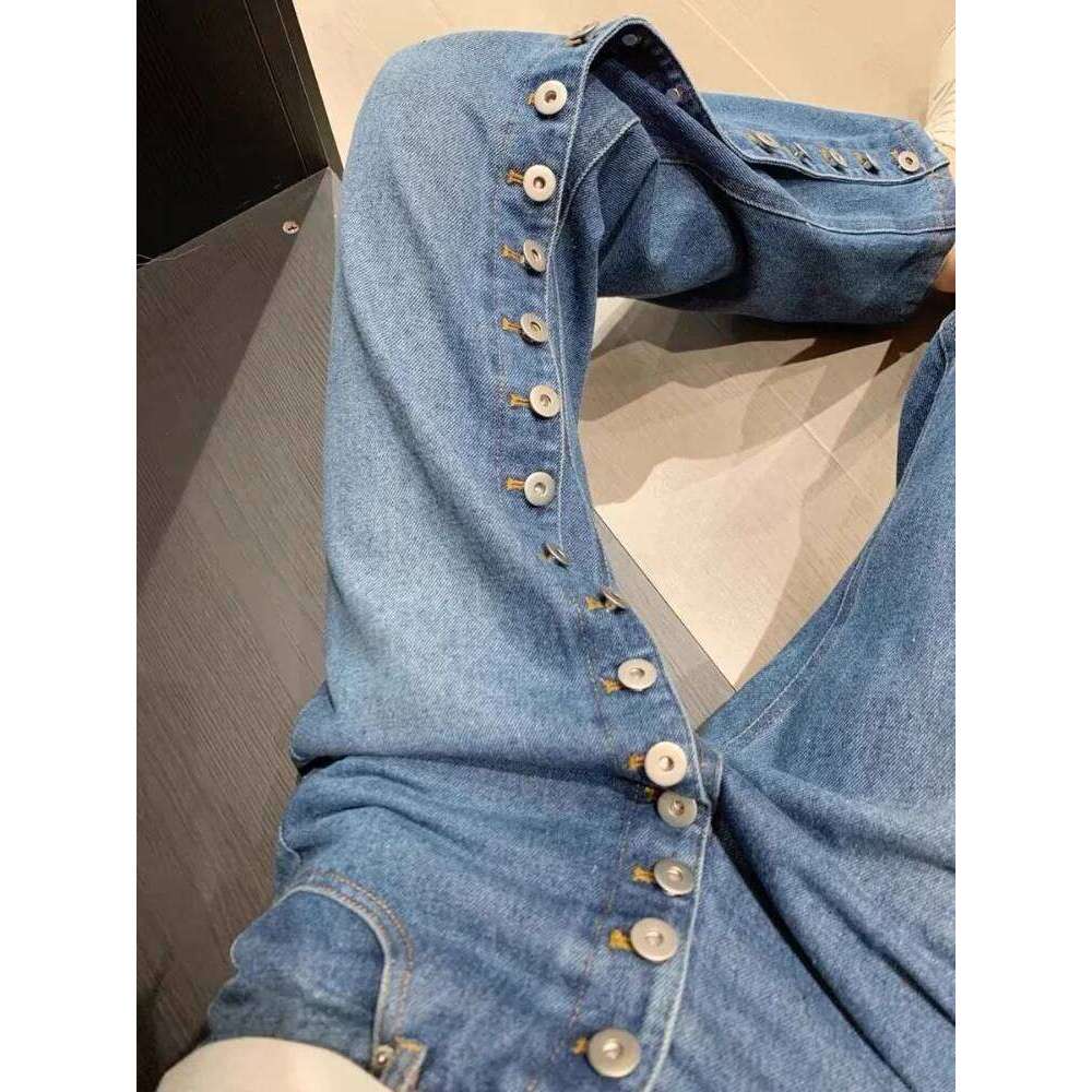 New Fashion Retro Design Multi Button Jeans For Women Slim High Waisted Straight Wide Leg Pants MDNG
