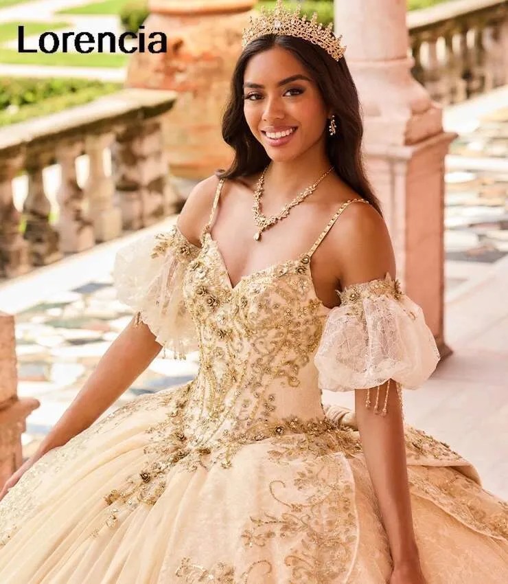 Vintage Glitter Champagne Quinceanera Dress Fairy 3D Floral Lace Applique Cathedral Train Dress Customised Ball Gown Vestido De Novia