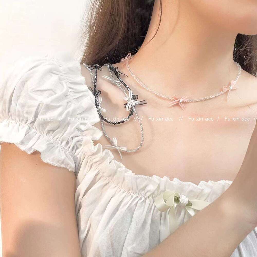 Sweet Girl Sheer Bow Necklace for Women Korean Dongdaemun Collarbone Chain Elegant Versatile Beaded Choker 777