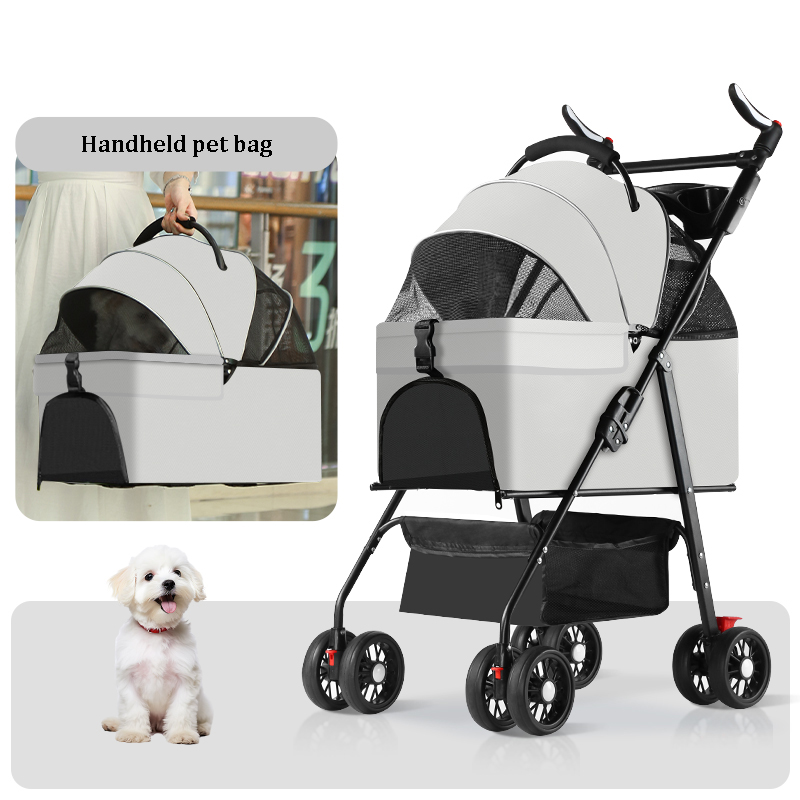 Pet stroller suitable for small and medium-sized cats and dogs, with detachable straps, easy to fold, detachable lining, storage basket+cup holder
